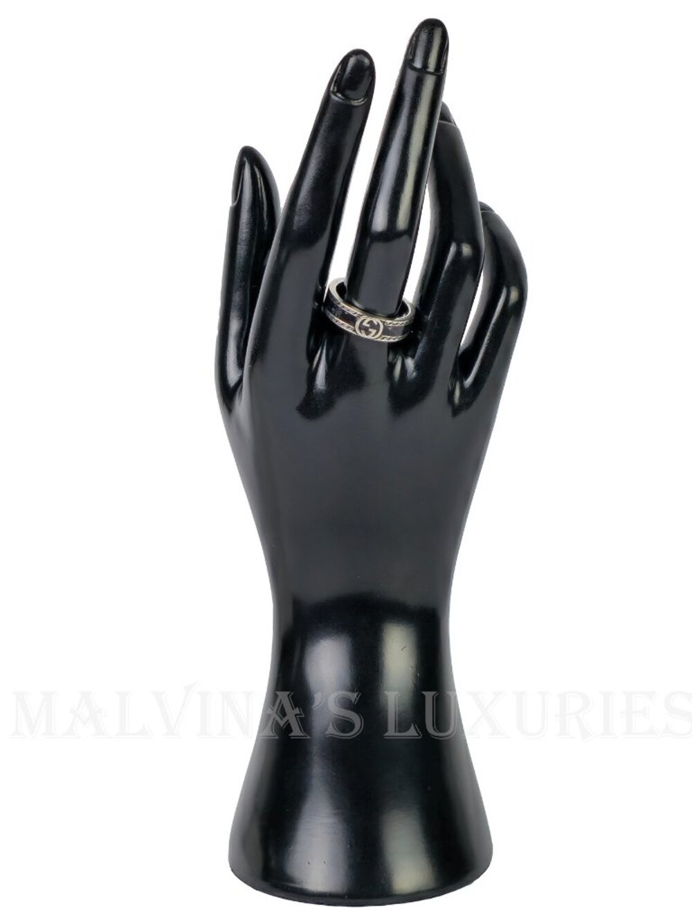 GUCCI RING STERLING SILVER w BLACK ENAMEL INTERLOCKING GG LOGO sz 22 US 10 - Picture 3 of 16